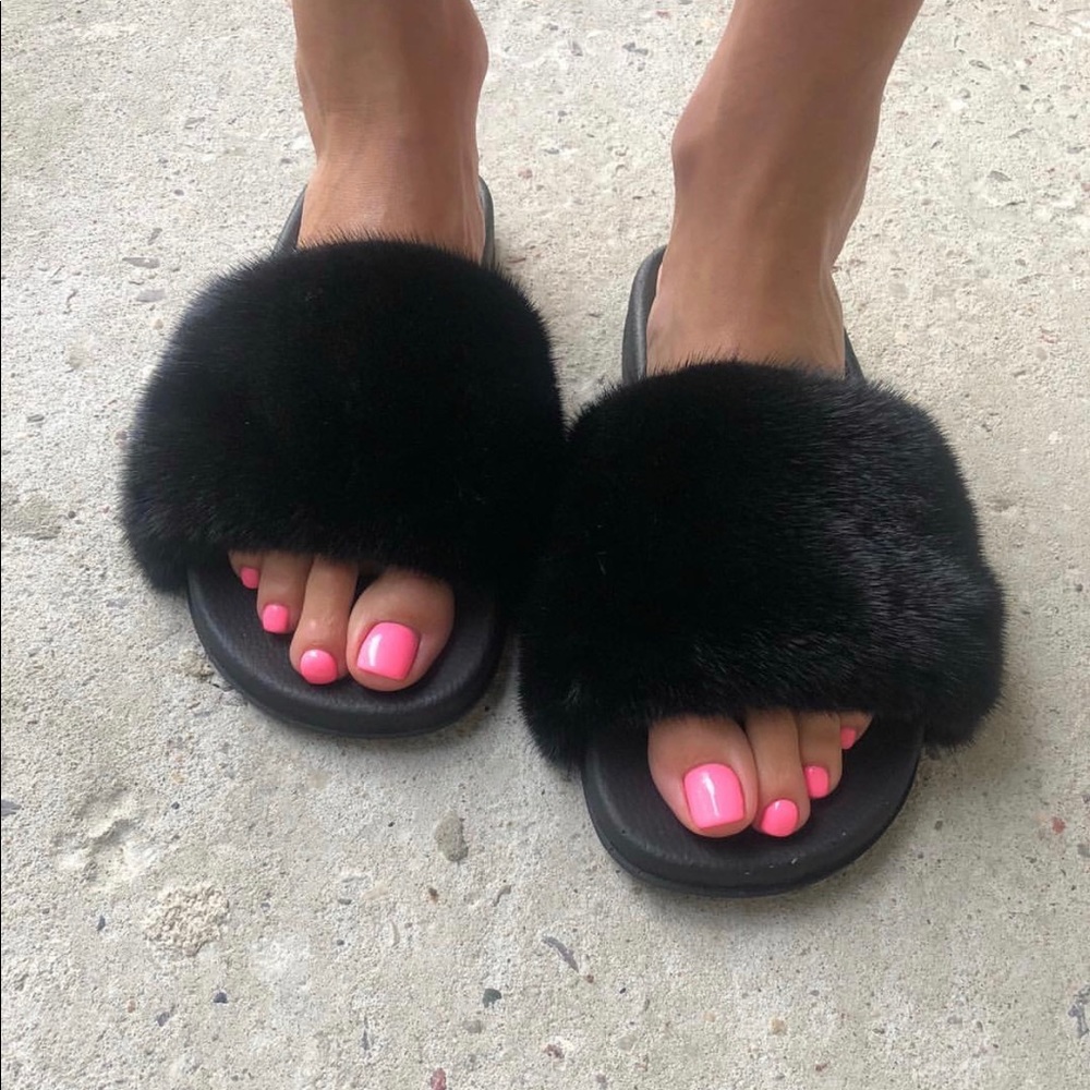 Black Mink fur slides